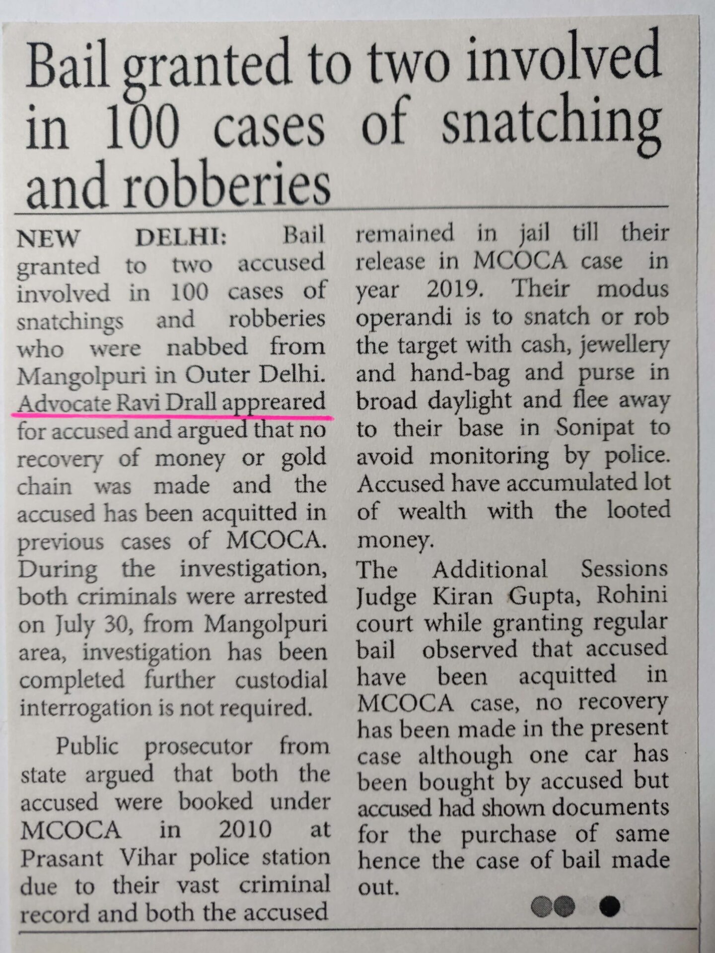 Regular bail in robbery case by Advocate Ravi Drall
