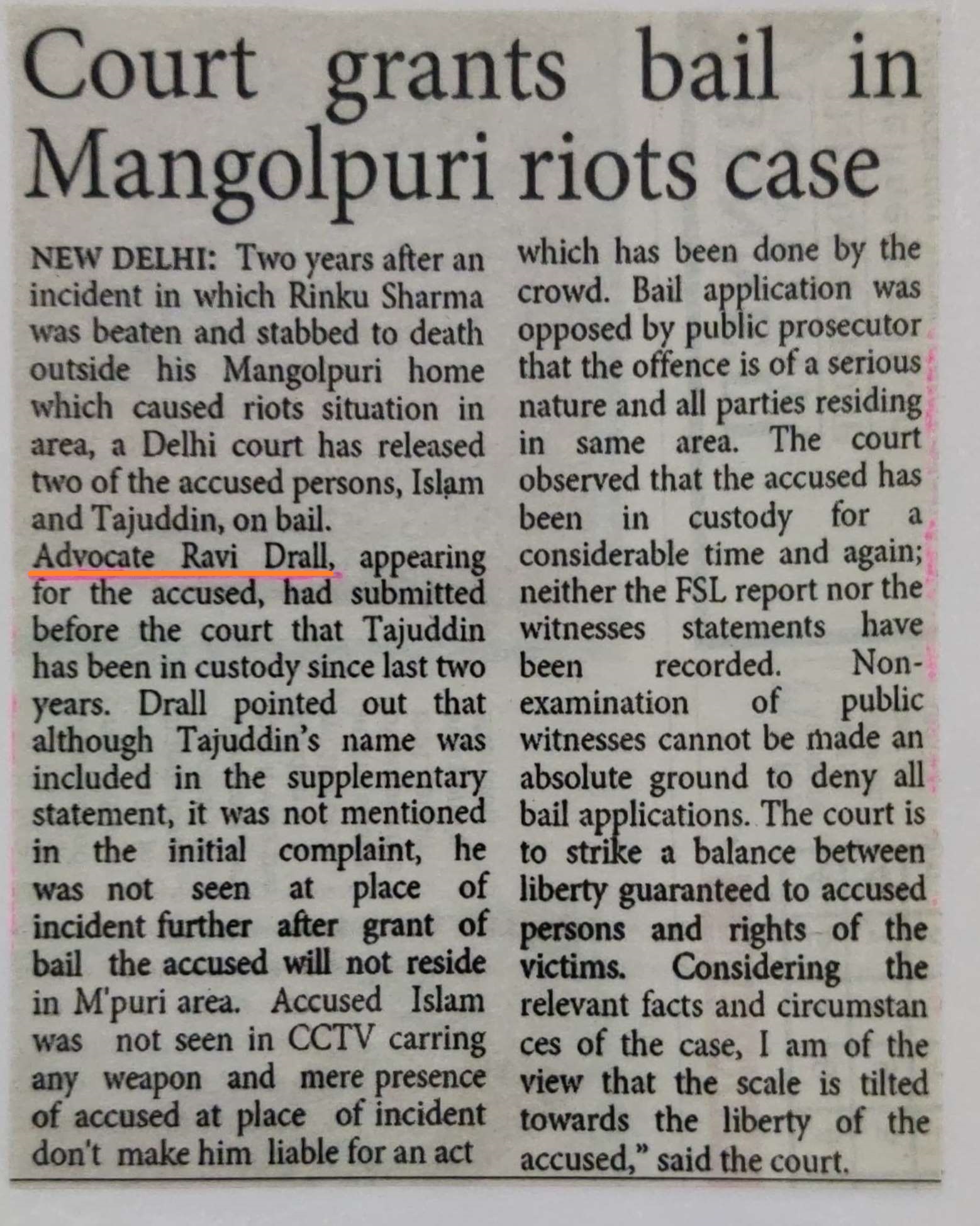 Bail in murder case in Delhi by Advocate Ravi Drall