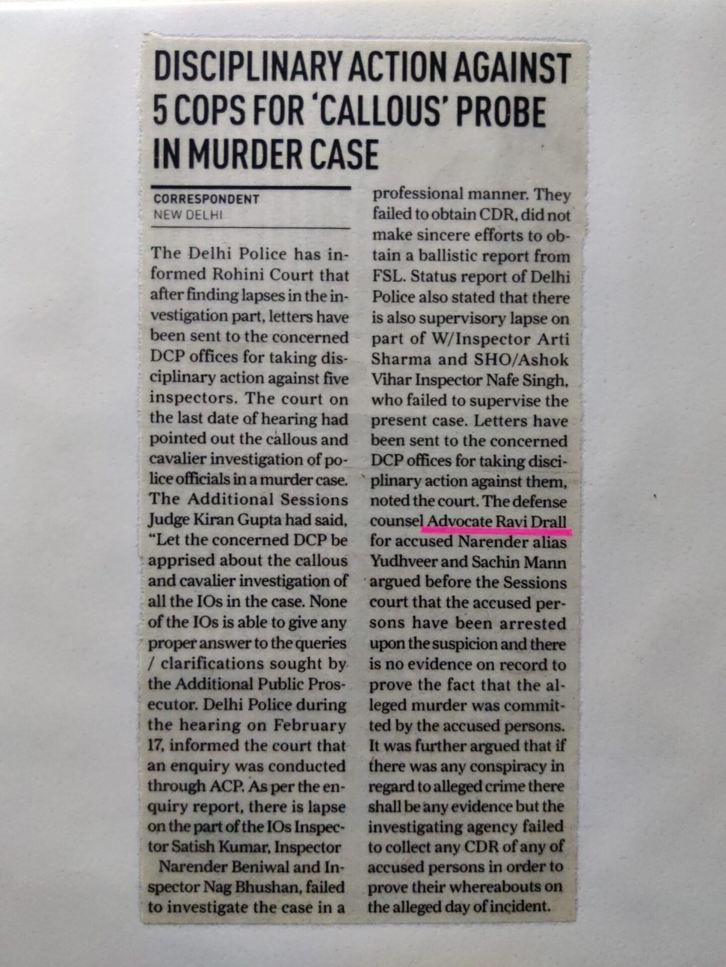 Disciplinary action against 5 Delhi Police inspectors for defective investigation